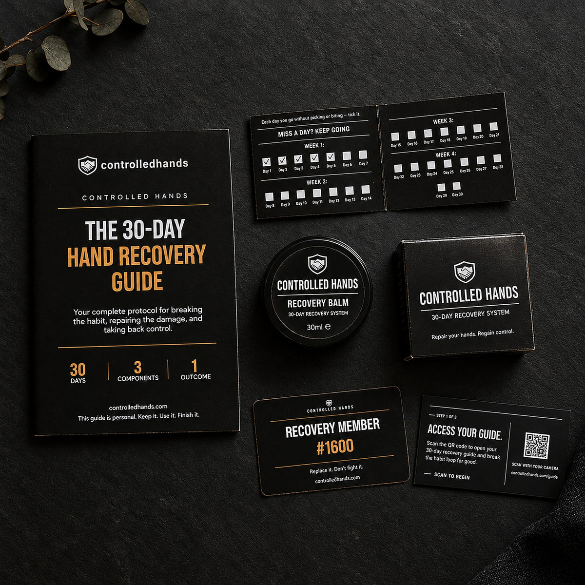 Controlled Hands 30-Day Recovery Kit: recovery guide, habit tracker, 30ml repair balm, member card and QR guide card.